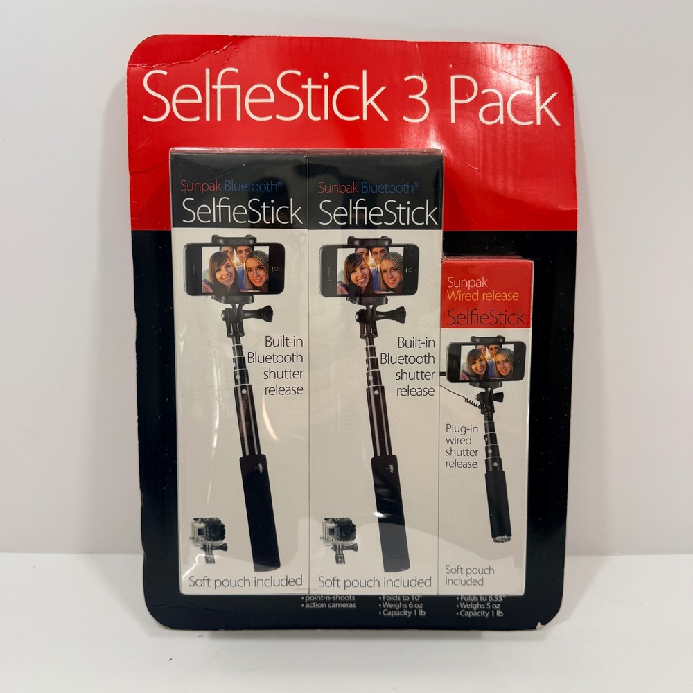 Sunpak SelfieStick 3 Pack Unisex OS Black New Bluetooth Wired Shutter Release